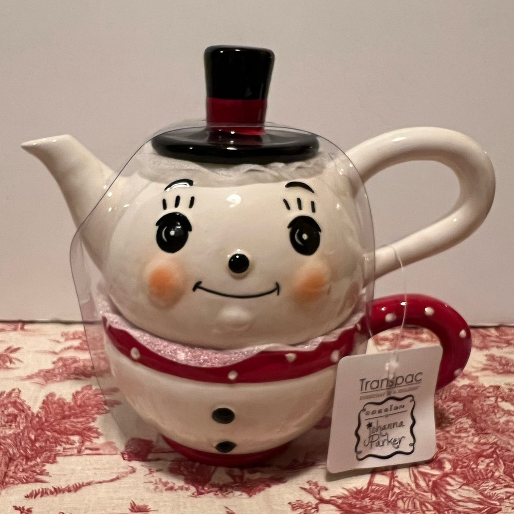 NWT TRANSPAC JOHANNA PARKER CERAMIC SNOWMAN TEAPOT & MUG.